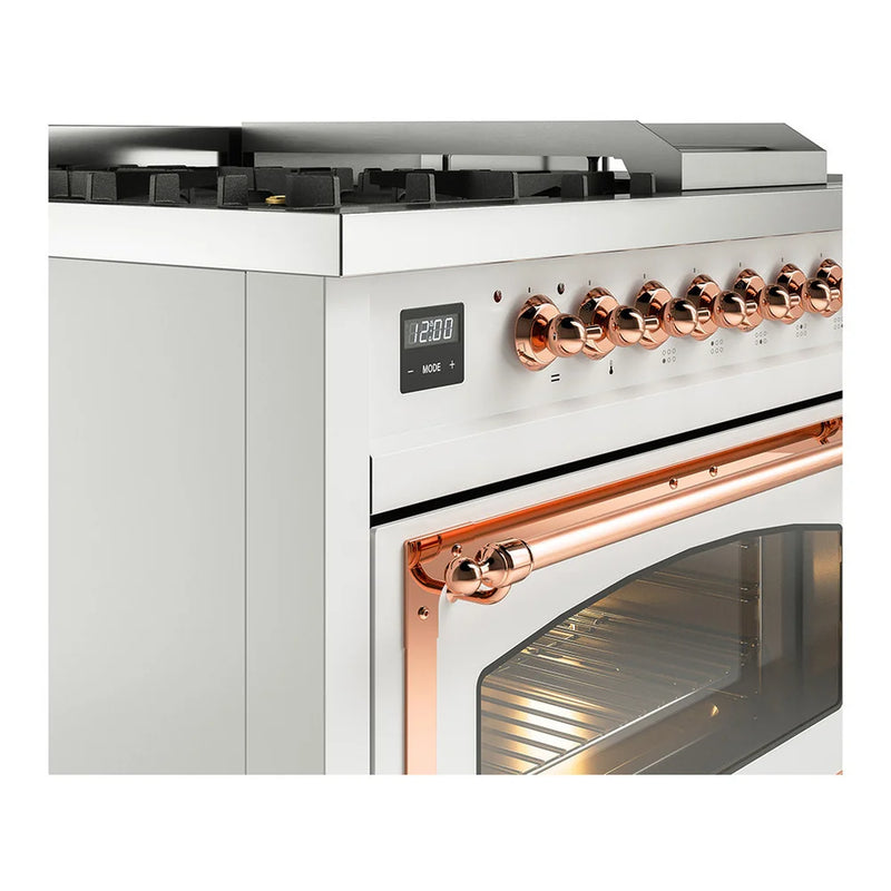 ILVE Nostalgie II Noblesse 48" Dual Fuel Freestanding Range in White with Copper Trim, UN48FSNMPWHP
