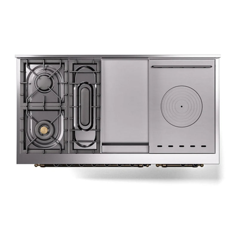 ILVE Nostalgie II Noblesse 48" Dual Fuel Freestanding Range in Antique White with Burnished Trim, UN48FSQNMPAWBLP
