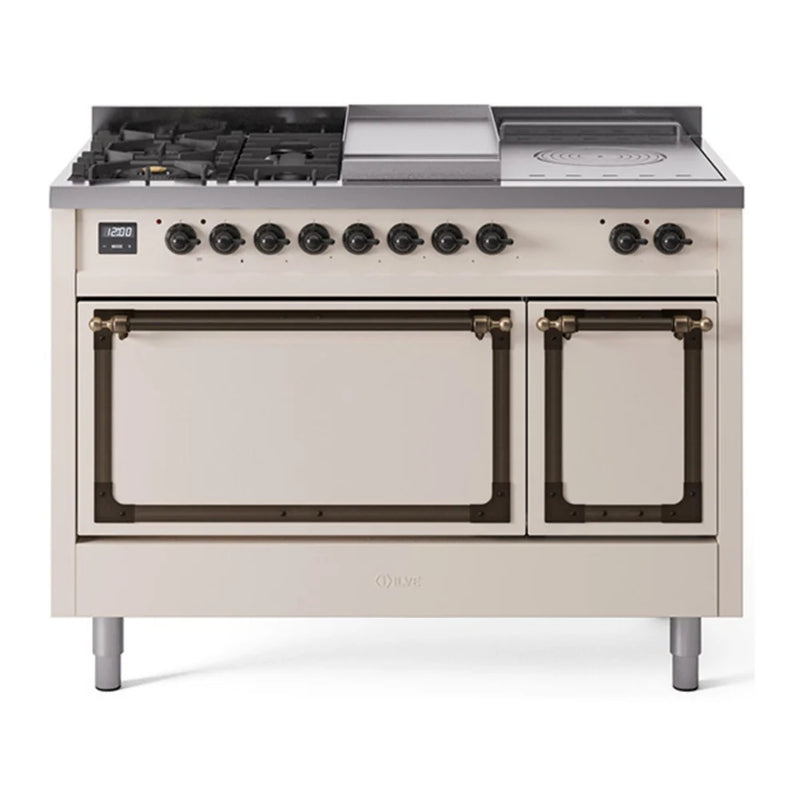 ILVE Nostalgie II Noblesse 48" Dual Fuel Freestanding Range in Antique White with Burnished Trim, UN48FSQNMPAWB