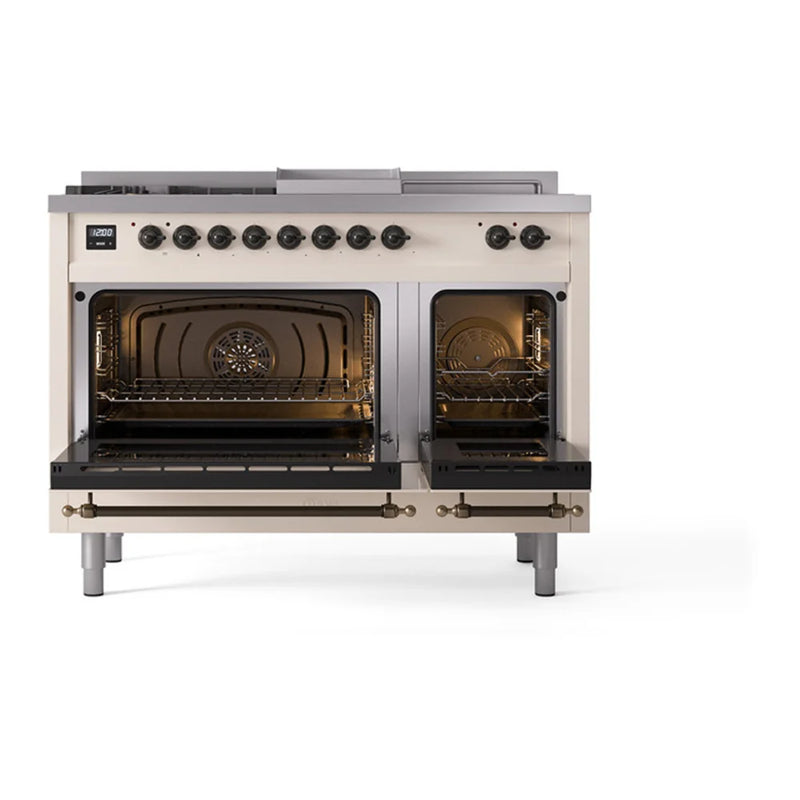 ILVE Nostalgie II Noblesse 48" Dual Fuel Freestanding Range in Antique White with Burnished Trim, UN48FSQNMPAWB