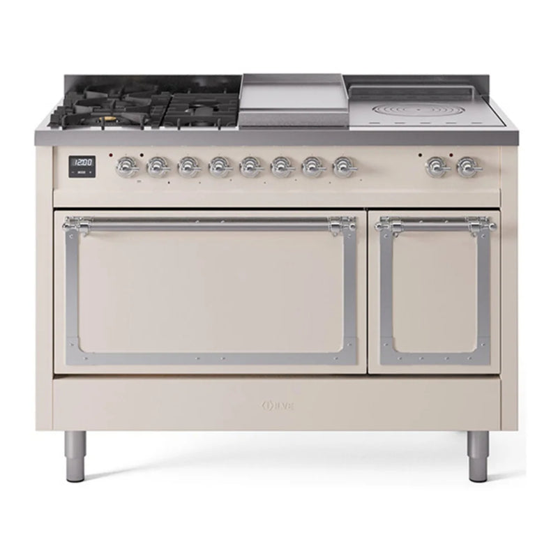 ILVE Nostalgie II Noblesse 48" Dual Fuel Freestanding Range in Antique White with Chrome Trim, UN48FSQNMPAWCLP