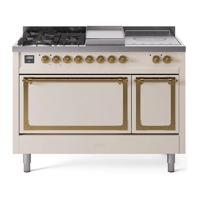 ILVE Nostalgie II Noblesse 48" Dual Fuel Freestanding Range in Antique White with Brass Trim, UN48FSQNMPAWGLP