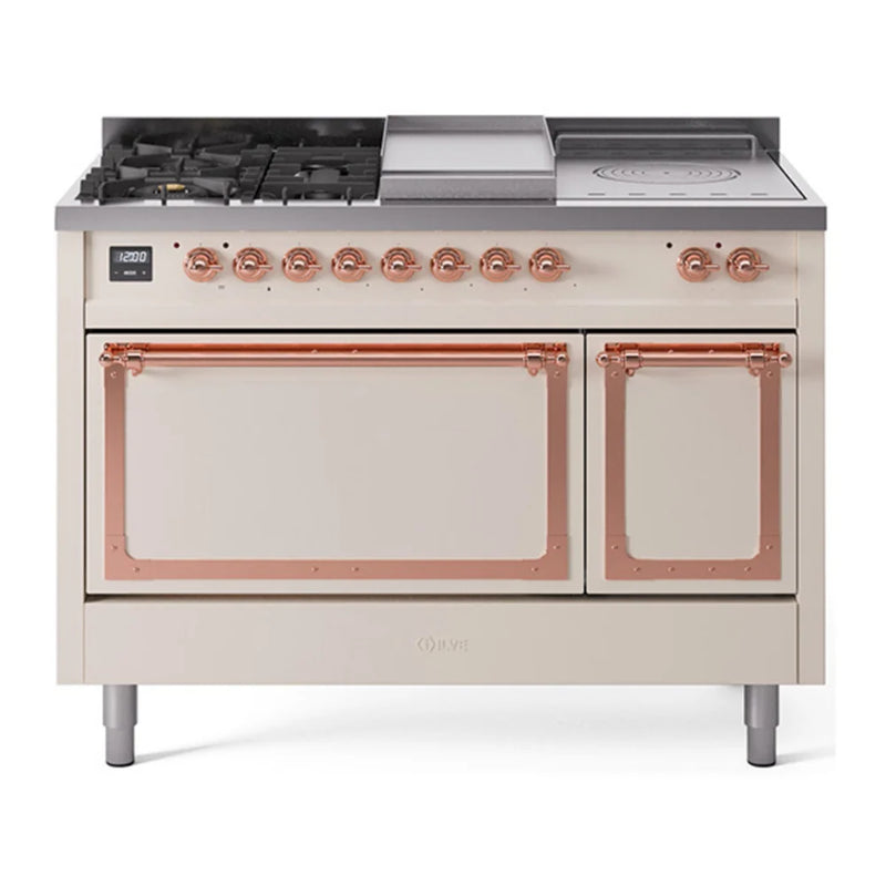 ILVE Nostalgie II Noblesse 48" Dual Fuel Freestanding Range in Antique White with Copper Trim, UN48FSQNMPAWP
