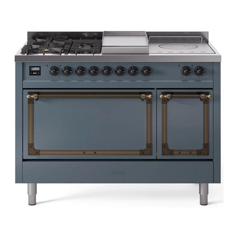 ILVE Nostalgie II Noblesse 48" Dual Fuel Freestanding Range in Blue Grey with Burnished Trim, UN48FSQNMPBGBLP
