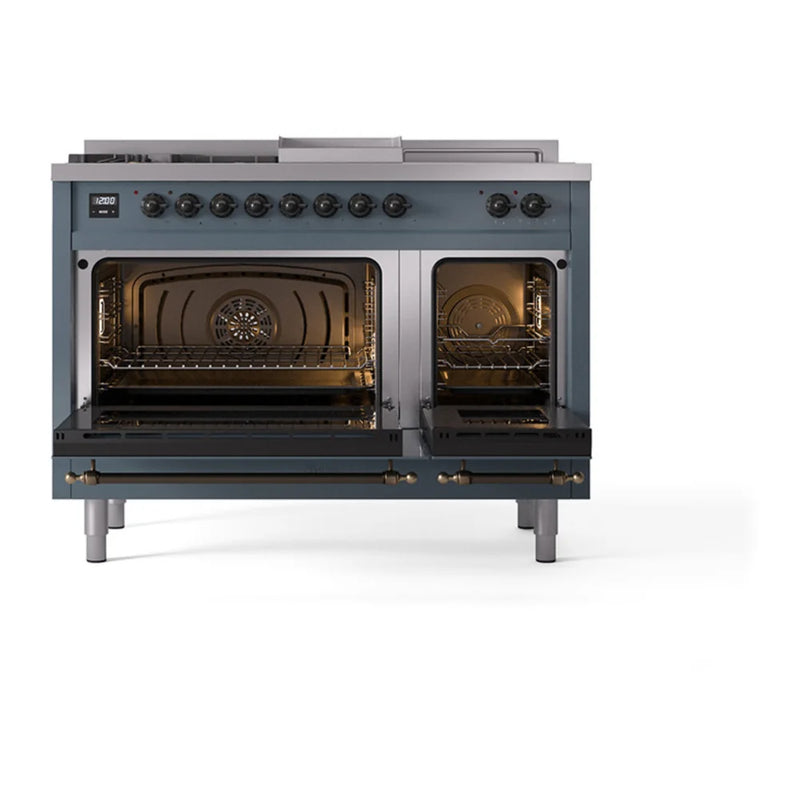ILVE Nostalgie II Noblesse 48" Dual Fuel Freestanding Range in Blue Grey with Burnished Trim, UN48FSQNMPBGB