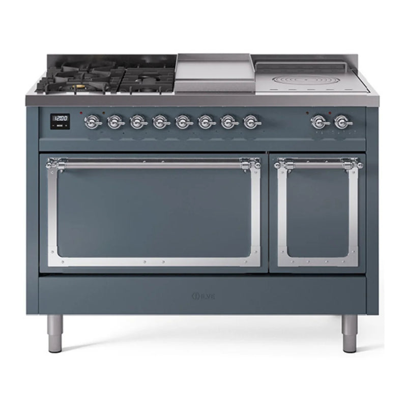 ILVE Nostalgie II Noblesse 48" Dual Fuel Freestanding Range in Blue Grey with Chrome Trim, UN48FSQNMPBGC