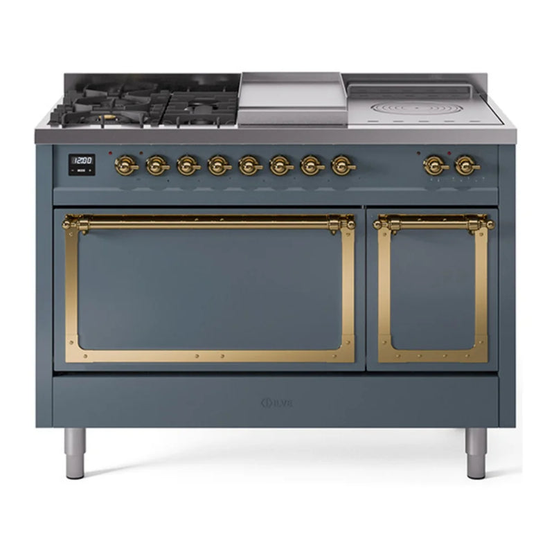 ILVE Nostalgie II Noblesse 48" Dual Fuel Freestanding Range in Blue Grey with Brass Trim, UN48FSQNMPBGGLP