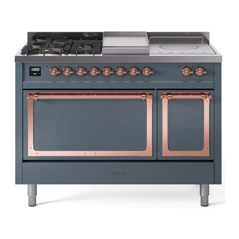 ILVE Nostalgie II Noblesse 48" Dual Fuel Freestanding Range in Blue Grey with Copper Trim, UN48FSQNMPBGPLP