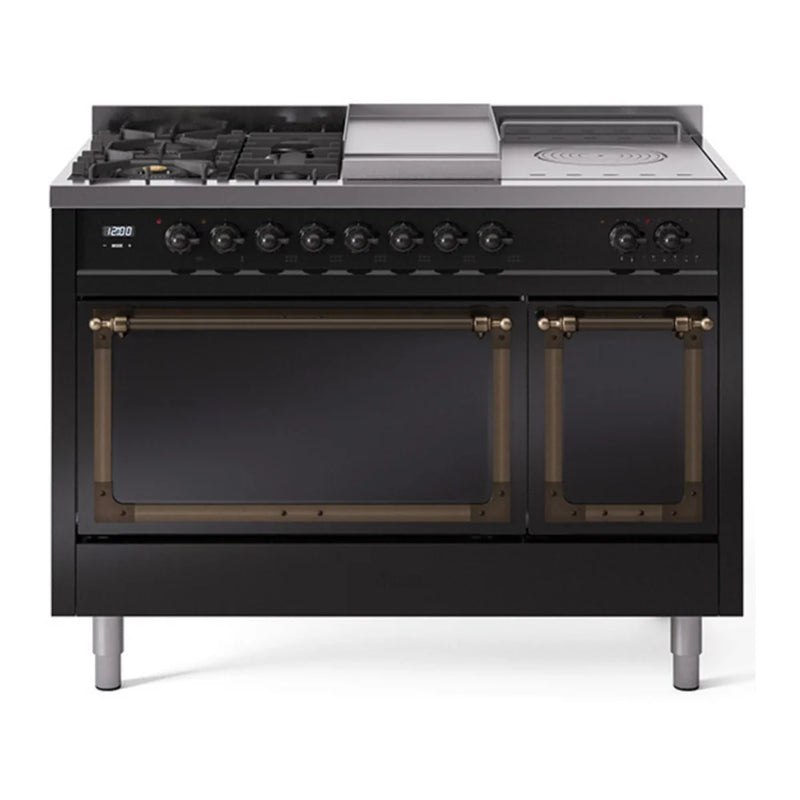 ILVE Nostalgie II Noblesse 48" Dual Fuel Freestanding Range in Glossy Black with Burnished Trim, UN48FSQNMPBKBLP