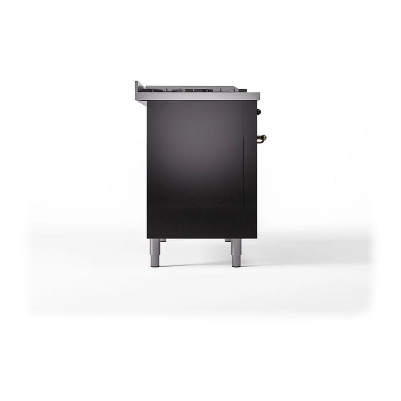 ILVE Nostalgie II Noblesse 48" Dual Fuel Freestanding Range in Glossy Black with Burnished Trim, UN48FSQNMPBKB
