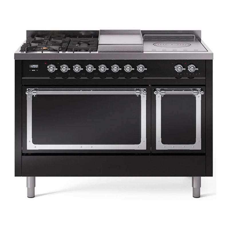 ILVE Nostalgie II Noblesse 48" Dual Fuel Freestanding Range in Glossy Black with Chrome Trim, UN48FSQNMPBKCLP