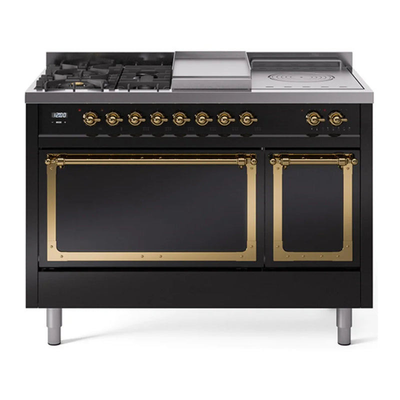 ILVE Nostalgie II Noblesse 48" Dual Fuel Freestanding Range in Glossy Black with Brass Trim, UN48FSQNMPBKGLP