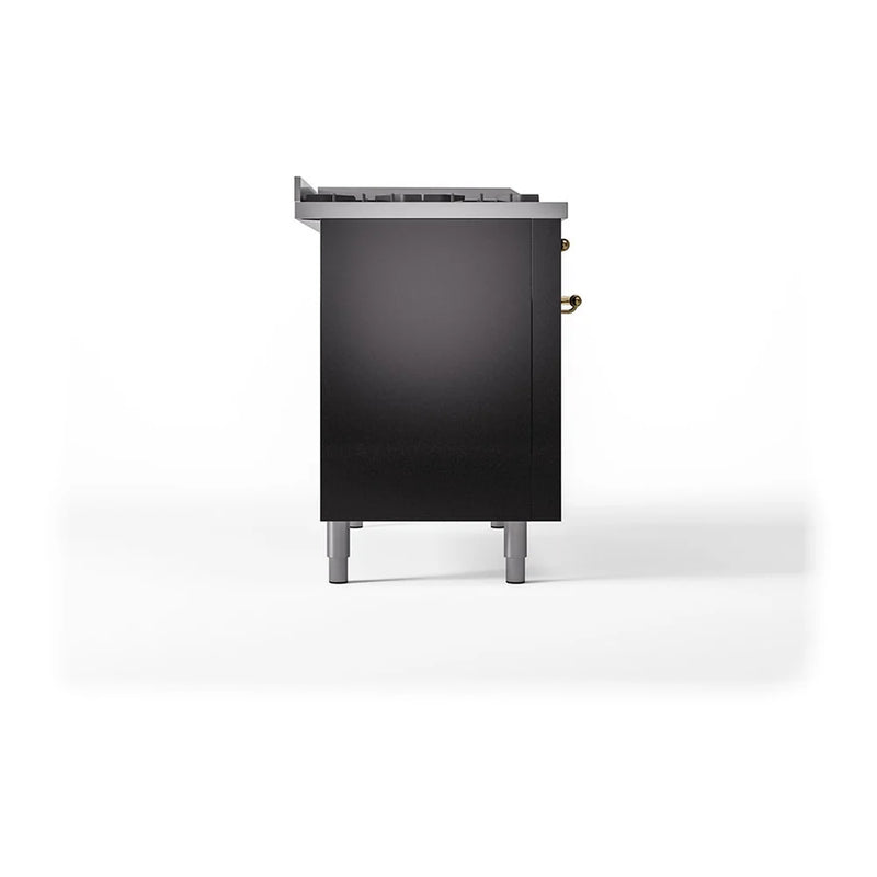 ILVE Nostalgie II Noblesse 48" Dual Fuel Freestanding Range in Glossy Black with Brass Trim, UN48FSQNMPBKGLP