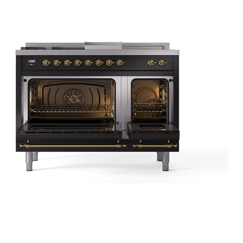 ILVE Nostalgie II Noblesse 48" Dual Fuel Freestanding Range in Glossy Black with Brass Trim, UN48FSQNMPBKG