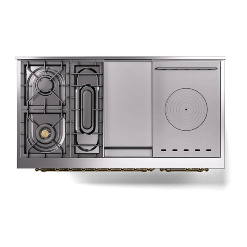 ILVE Nostalgie II Noblesse 48" Dual Fuel Freestanding Range in Glossy Black with Brass Trim, UN48FSQNMPBKG