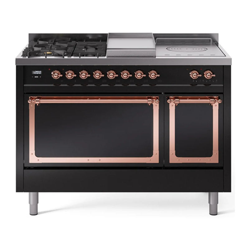ILVE Nostalgie II Noblesse 48" Dual Fuel Freestanding Range in Glossy Black with Copper Trim, UN48FSQNMPBKP
