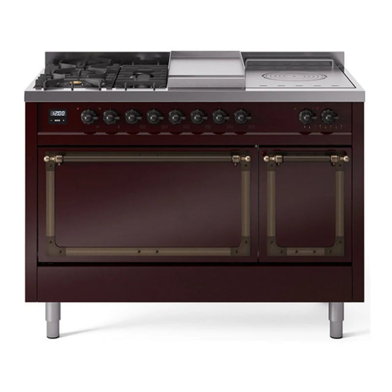 ILVE Nostalgie II Noblesse 48" Dual Fuel Freestanding Range in Burgundy with Burnished Trim, UN48FSQNMPBUB