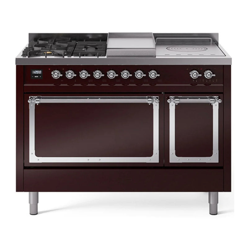 ILVE Nostalgie II Noblesse 48" Dual Fuel Freestanding Range in Burgundy with Chrome Trim, UN48FSQNMPBUCLP
