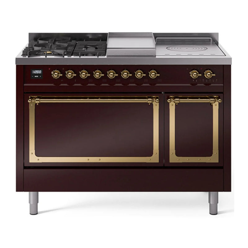 ILVE Nostalgie II Noblesse 48" Dual Fuel Freestanding Range in Burgundy with Brass Trim, UN48FSQNMPBUGLP