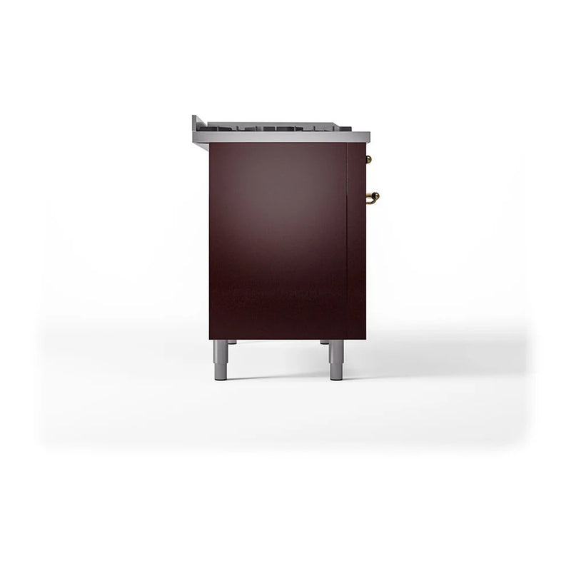 ILVE Nostalgie II Noblesse 48" Dual Fuel Freestanding Range in Burgundy with Brass Trim, UN48FSQNMPBUGLP