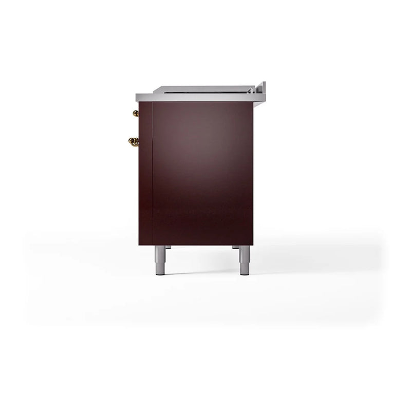 ILVE Nostalgie II Noblesse 48" Dual Fuel Freestanding Range in Burgundy with Brass Trim, UN48FSQNMPBUGLP