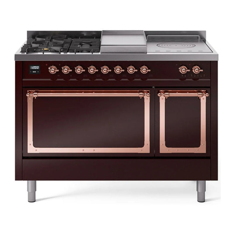 ILVE Nostalgie II Noblesse 48" Dual Fuel Freestanding Range in Burgundy with Copper Trim, UN48FSQNMPBUPLP
