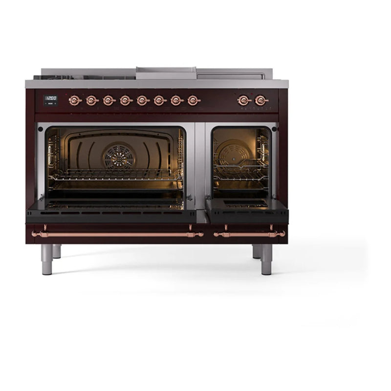 ILVE Nostalgie II Noblesse 48" Dual Fuel Freestanding Range in Burgundy with Copper Trim, UN48FSQNMPBUPLP