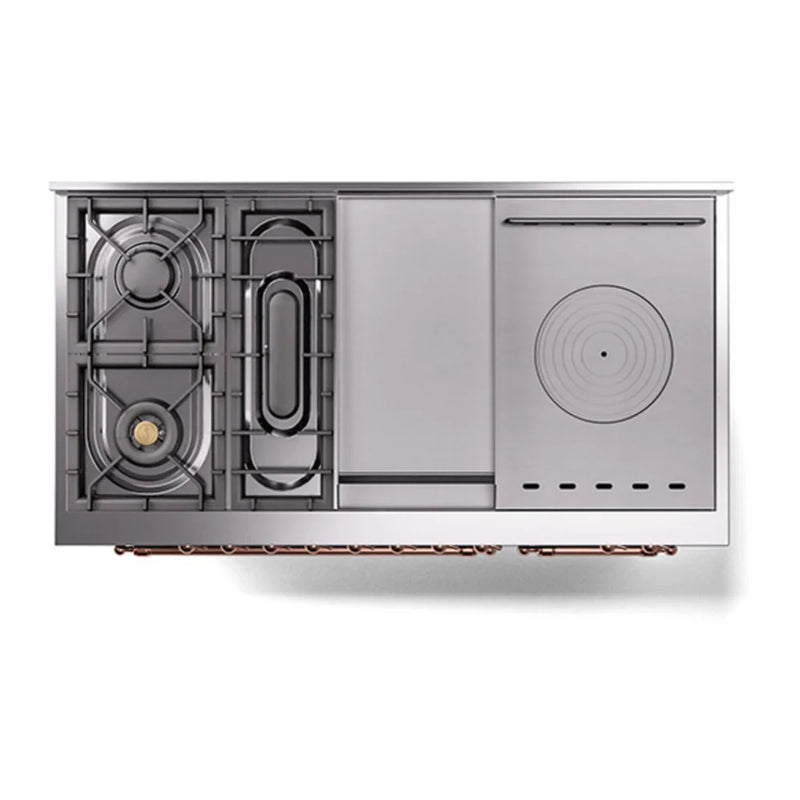 ILVE Nostalgie II Noblesse 48" Dual Fuel Freestanding Range in Burgundy with Copper Trim, UN48FSQNMPBUPLP