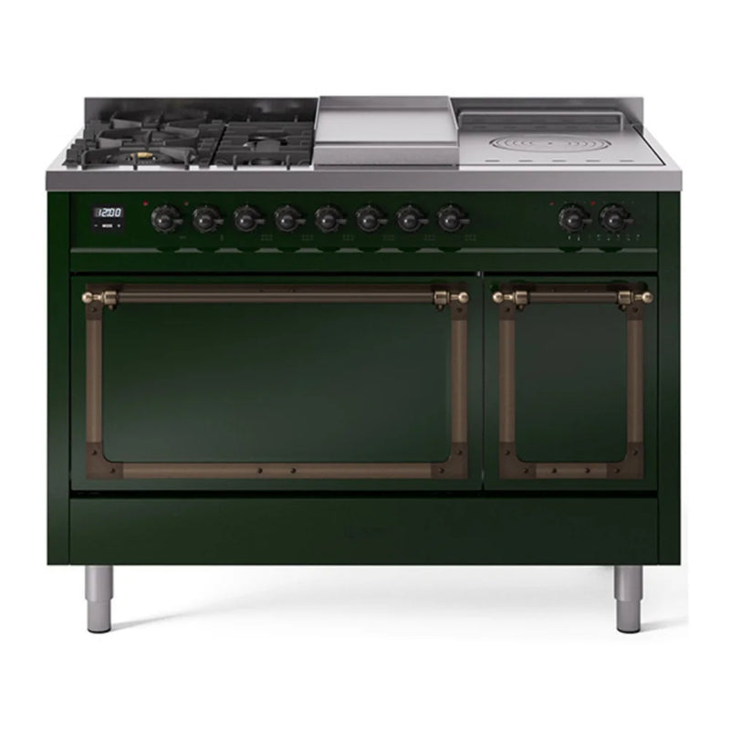 ILVE Nostalgie II Noblesse 48" Dual Fuel Freestanding Range in Emerald Green with Burnished Trim, UN48FSQNMPEGB