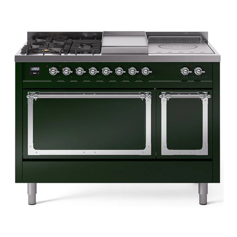 ILVE Nostalgie II Noblesse 48" Dual Fuel Freestanding Range in Emerald Green with Chrome Trim, UN48FSQNMPEGC