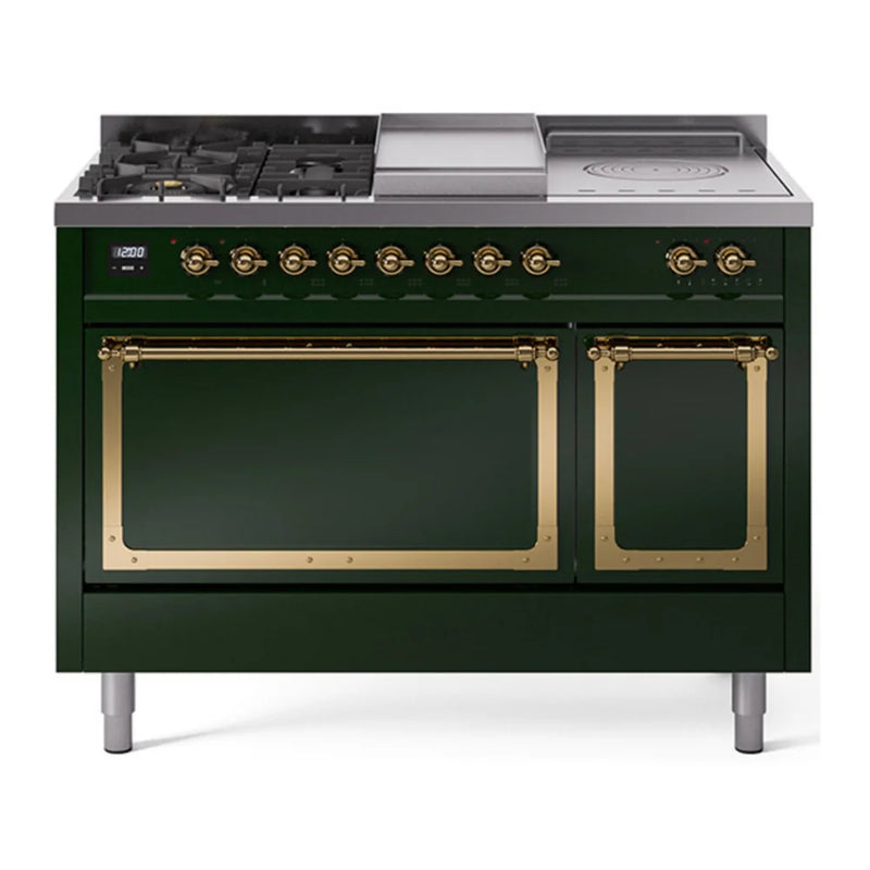ILVE Nostalgie II Noblesse 48" Dual Fuel Freestanding Range in Emerald Green with Brass Trim, UN48FSQNMPEGGLP