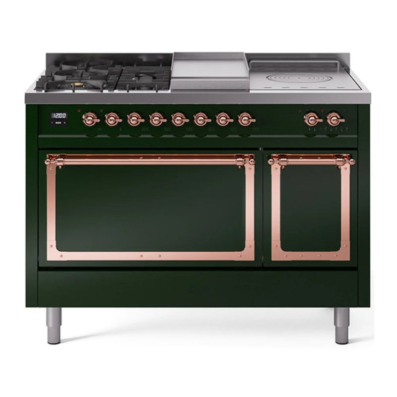 ILVE Nostalgie II Noblesse 48" Dual Fuel Freestanding Range in Emerald Green with Copper Trim, UN48FSQNMPEGPLP