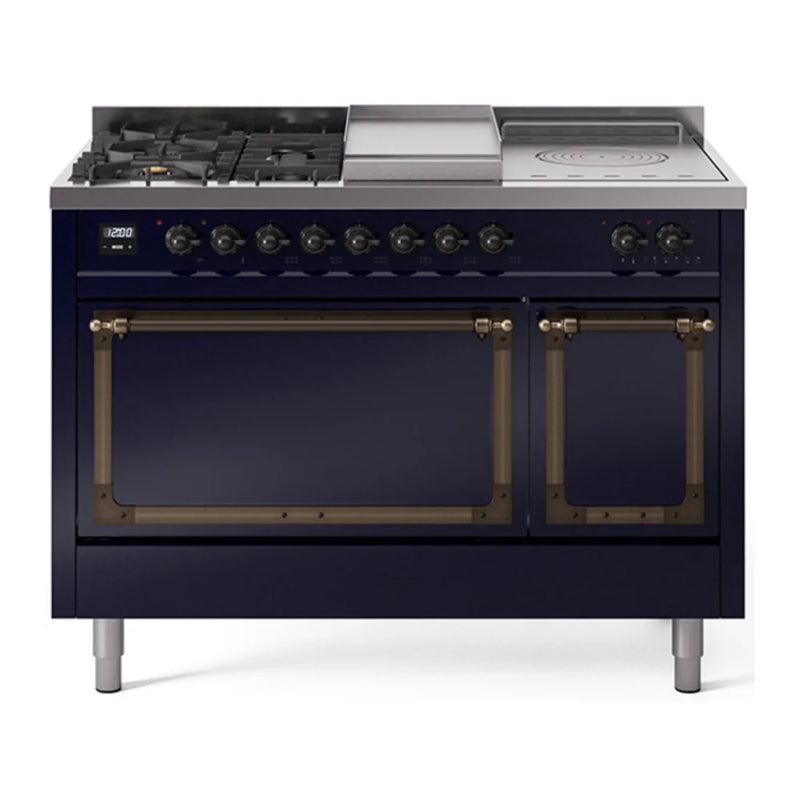 ILVE Nostalgie II Noblesse 48" Dual Fuel Freestanding Range in Midnight Blue with Burnished Trim, UN48FSQNMPMBBLP