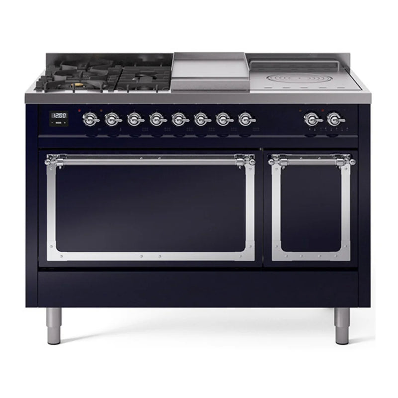 ILVE Nostalgie II Noblesse 48" Dual Fuel Freestanding Range in Midnight Blue with Chrome Trim, UN48FSQNMPMBC