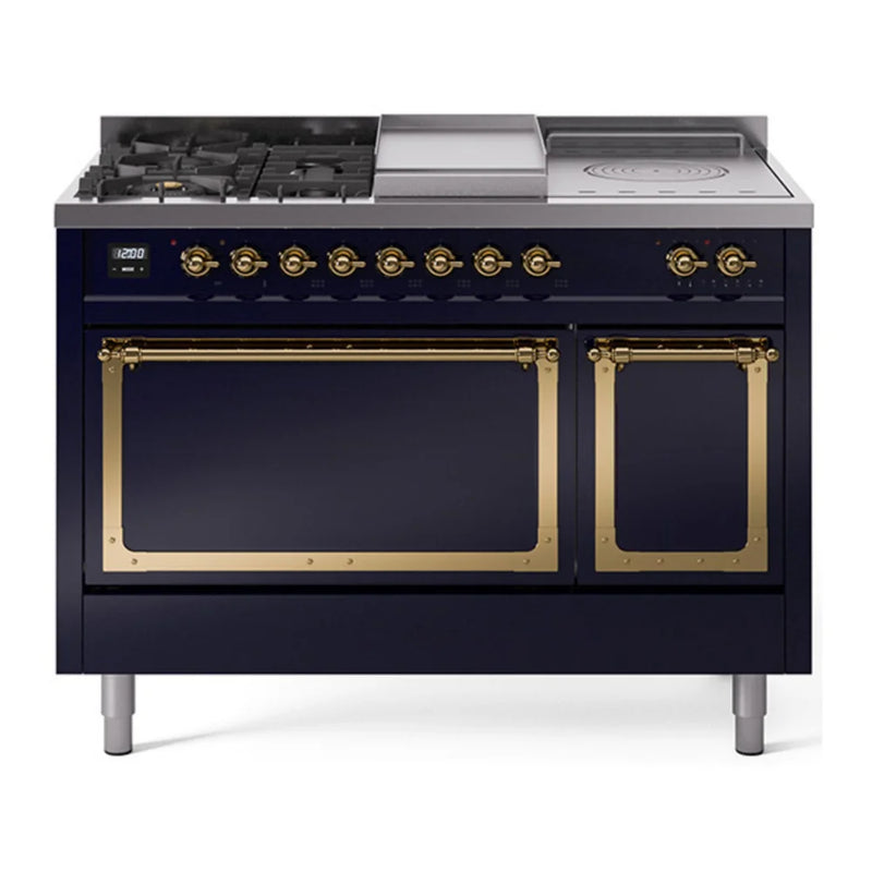 ILVE Nostalgie II Noblesse 48" Dual Fuel Freestanding Range in Midnight Blue with Brass Trim, UN48FSQNMPMBG
