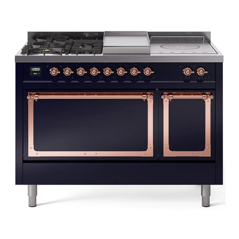 ILVE Nostalgie II Noblesse 48" Dual Fuel Freestanding Range in Midnight Blue with Copper Trim, UN48FSQNMPMBPLP