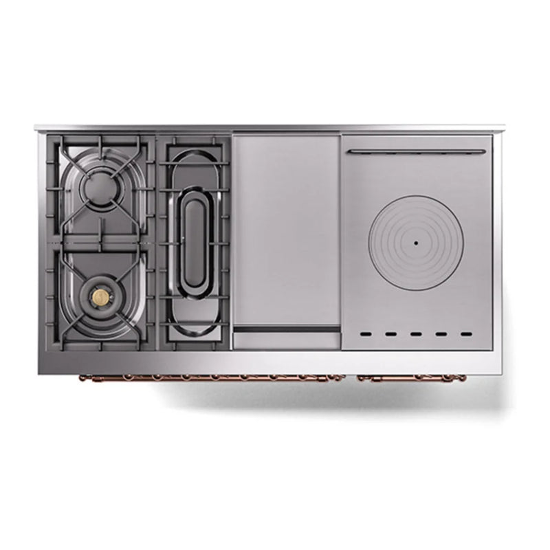 ILVE Nostalgie II Noblesse 48" Dual Fuel Freestanding Range in Midnight Blue with Copper Trim, UN48FSQNMPMBPLP