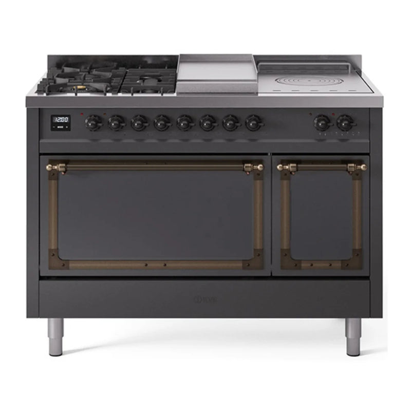 ILVE Nostalgie II Noblesse 48" Dual Fuel Freestanding Range in Graphite Matte with Burnished Trim, UN48FSQNMPMGBLP