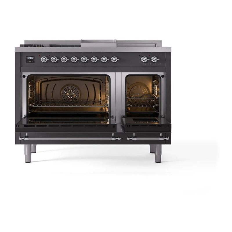 ILVE Nostalgie II Noblesse 48" Dual Fuel Freestanding Range in Graphite Matte with Chrome Trim, UN48FSQNMPMGCLP