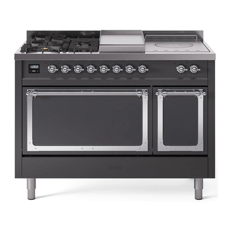ILVE Nostalgie II Noblesse 48" Dual Fuel Freestanding Range in Graphite Matte with Chrome Trim, UN48FSQNMPMGC