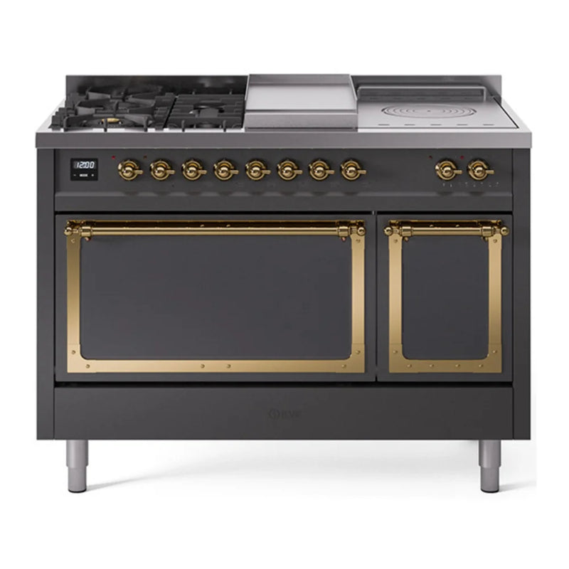 ILVE Nostalgie II Noblesse 48" Dual Fuel Freestanding Range in Graphite Matte with Brass Trim, UN48FSQNMPMGG