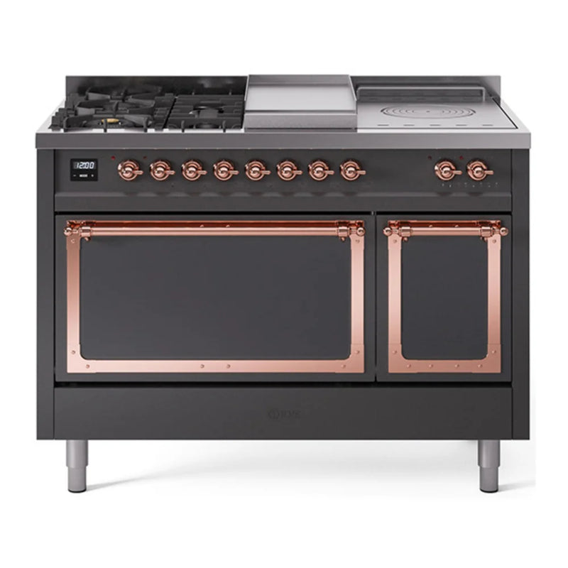 ILVE Nostalgie II Noblesse 48" Dual Fuel Freestanding Range in Graphite Matte with Copper Trim, UN48FSQNMPMGP