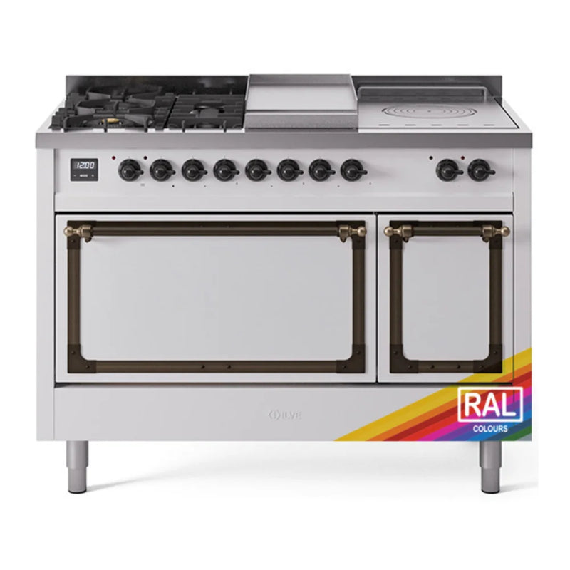 ILVE Nostalgie II Noblesse 48" Dual Fuel Freestanding Range in RAL Color with Burnished Trim, UN48FSQNMPRABLP