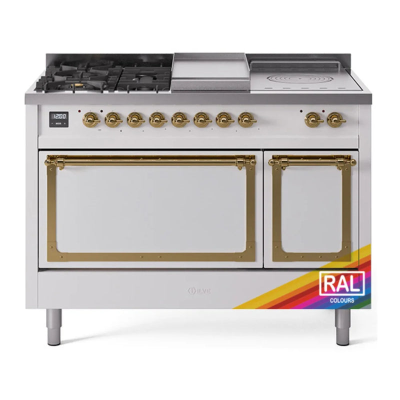 ILVE Nostalgie II Noblesse 48" Dual Fuel Freestanding Range in RAL Color with Brass Trim, UN48FSQNMPRAG