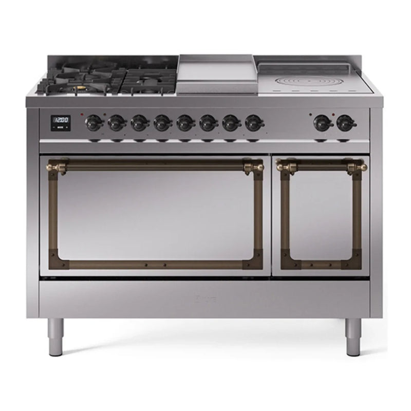 ILVE Nostalgie II Noblesse 48" Dual Fuel Freestanding Range in Stainless Steel with Burnished Trim, UN48FSQNMPSSBLP