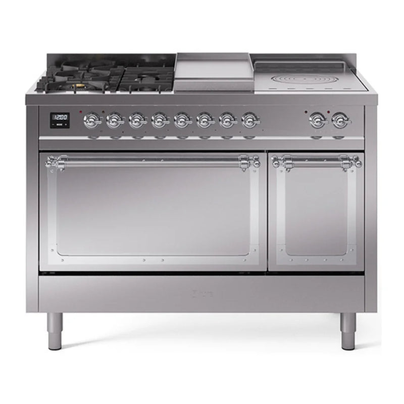 ILVE Nostalgie II Noblesse 48" Dual Fuel Freestanding Range in Stainless Steel with Chrome Trim, UN48FSQNMPSSCLP