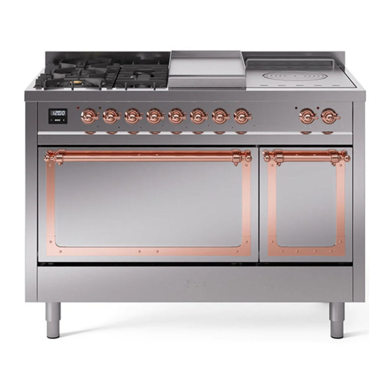 ILVE Nostalgie II Noblesse 48" Dual Fuel Freestanding Range in Stainless Steel with Copper Trim, UN48FSQNMPSSP