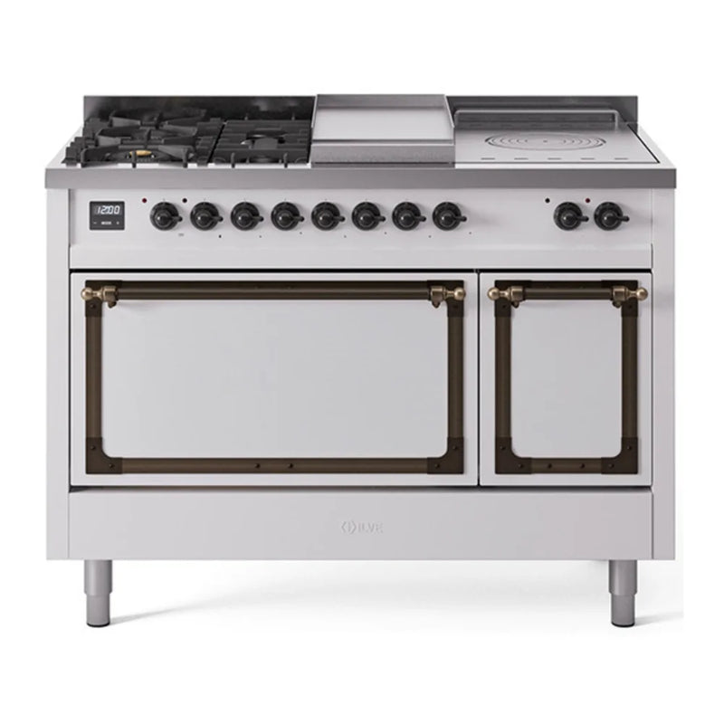 ILVE Nostalgie II Noblesse 48" Dual Fuel Freestanding Range in White with Burnished Trim, UN48FSQNMPWHB