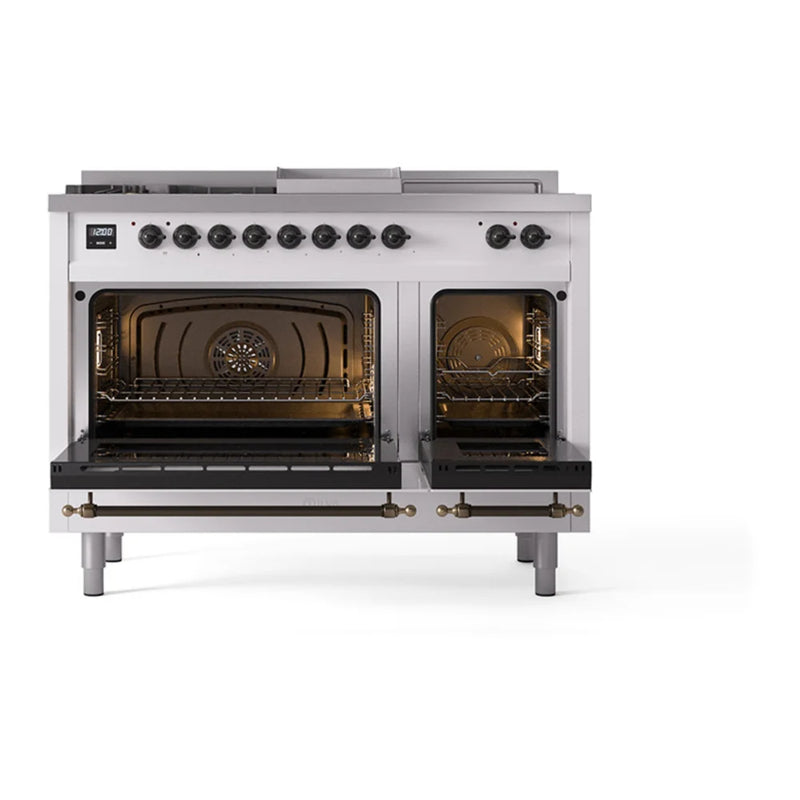 ILVE Nostalgie II Noblesse 48" Dual Fuel Freestanding Range in White with Burnished Trim, UN48FSQNMPWHB