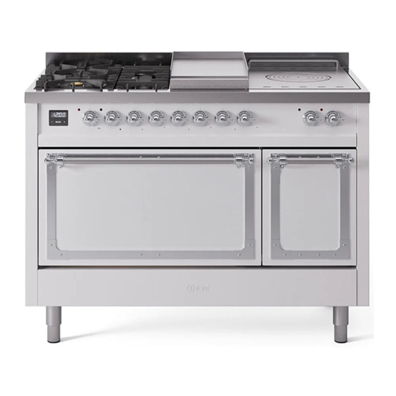 ILVE Nostalgie II Noblesse 48" Dual Fuel Freestanding Range in White with Chrome Trim, UN48FSQNMPWHC